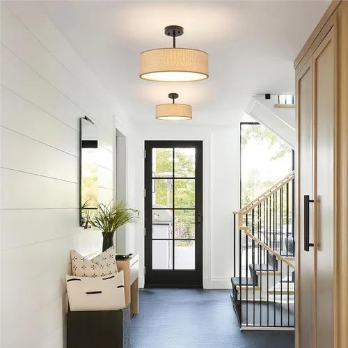 Vista 2 de Rattan Sloped Ceiling Light, 16.53" Woven Semi Flush Mount Boho Fabric Drum Shade, Pendant Lighting, for Dining Room, Foyer, Living Room, Hallway