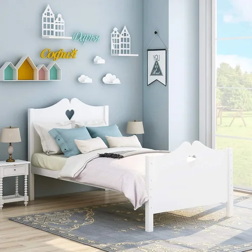 Vista 7 de Cama individual de madera para niñas, con marco, cabecera y piecera para niñas y niños pequeños