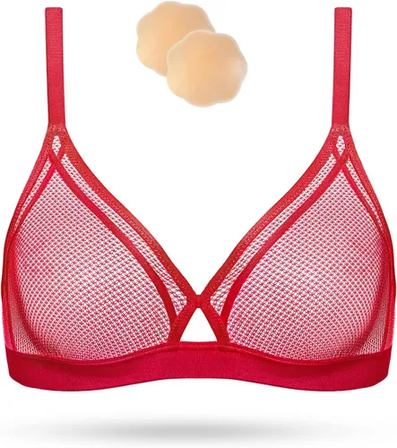 Vista 2 de Wingslove Brasier de malla transparente para mujer, sexy, con encaje, sin forro, sin forro, con triángulo transparente