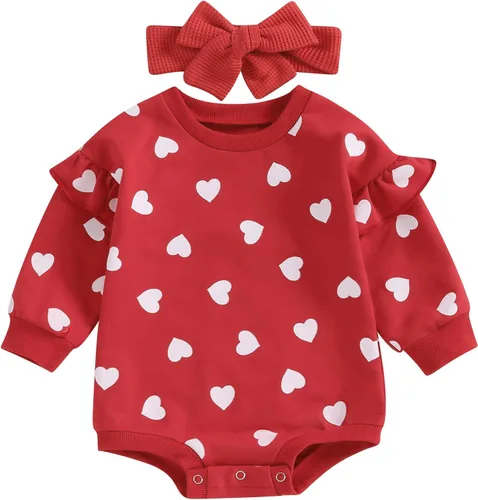 Vista 43 de SOLILOQUY Traje de manga larga con cuello redondo para el primer día de San Valentín para bebé niño y niña, mameluco de corazón de amor