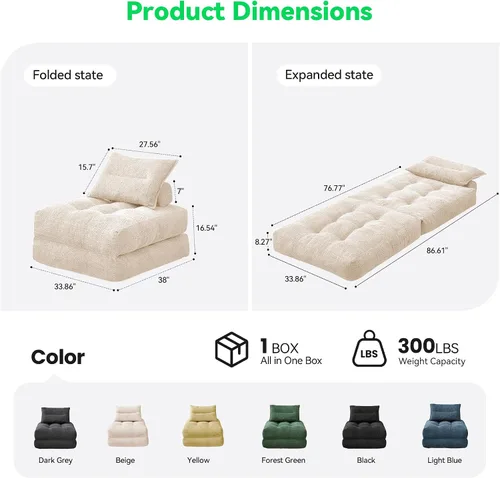 Vista 2 de MONVANE Sofá cama plegable 3 en 1, silla convertible cama, color beige