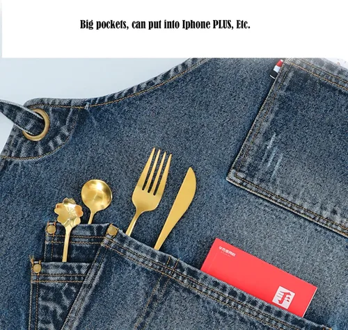 Vista 3 de Delantal ajustable para adultos, delantal de mezclilla con bolsillo, accesorios de cocina para mujeres y hombres, dos colores y 2 tamaños