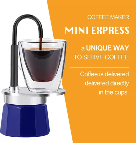 Vista 3 de Mini Express Swiss Single Tube Moka Pot Aluminio Azul, El juego de moka incluye una taza de doble pared de 3 onzas, disfruta de un delicioso café