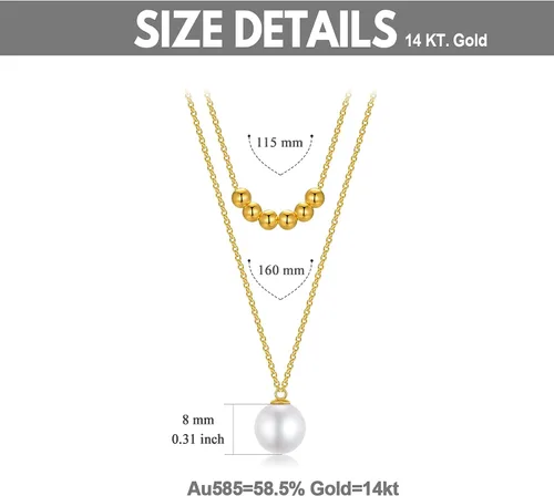 Vista 5 de Collar con capas de perlas de agua dulce de oro macizo de 14 quilates para mujeres, bolas de oro con cable de cadena gargantilla colgante joyería