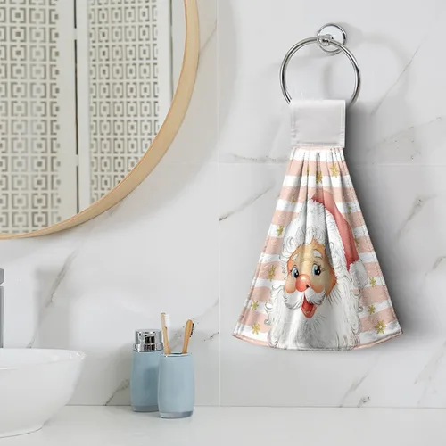 Vista 6 de Toallas de cocina de Papá Noel de Navidad, toallas de mano rosas con lazo para colgar, copos de nieve de invierno, toallas de baño suaves