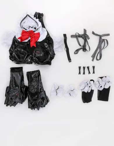 Vista 6 de miccostumes Disfraz de animé para mujer, disfraz gótico de sirvienta y calcetines con tocado