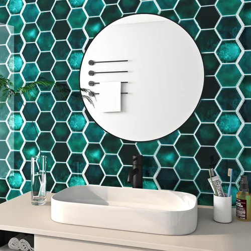 Vista 4 de FunStick Adhesivos para azulejos de pared en muro de cocina de 12 x 12 pulgadas, azulejos de pared hexagonales 3D autoadhesivos de color verde Verde