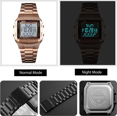 Vista 5 de RORIOS Reloj digital digital LED para hombre, multifunción, luminoso, de doble hora, electrónico, analógico, para hombre, Oro Rosa, Digital