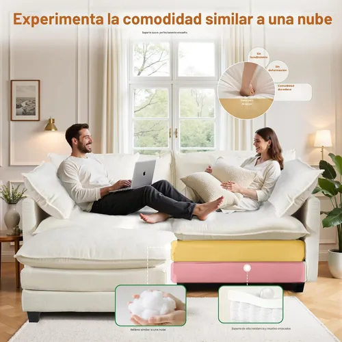 Vista 4 de Cloud Sofá de felpilla en forma de L con otomana, sofá biplaza seccional de 77 pulgadas que ahorra espacio con diván, para espacios pequeños, fácil