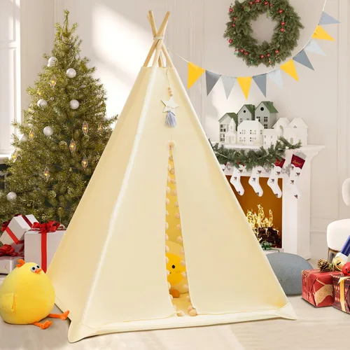 Vista 8 de WIRHAO Tienda de campaña tipi para niños con alfombrilla acolchada, lona de algodón, tipi con pompón para niños pequeños, tienda de campaña