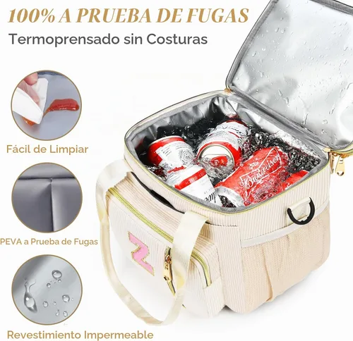 Vista 4 de Lonchera personalizada con inicial para mujer, bolsa de almuerzo grande con aislamiento térmico expandible de doble cubierta con correa