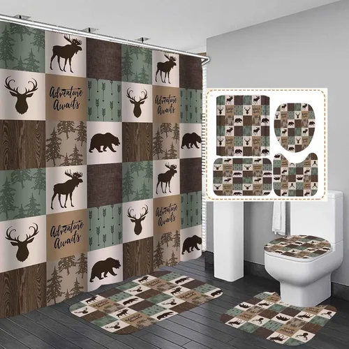Vista 10 de Camille&Andrew - Juego de 4 cortinas de ducha de cabaña, oso negro, ciervo, alce, alce, bosque, caza, cabaña, búfalo, azul, a cuadros, rústico