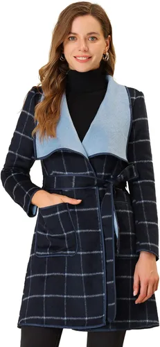 Vista 2 de Allegra K Abrigo ligero a cuadros para mujer con cuello de chal a cuadros y cinturón, M
