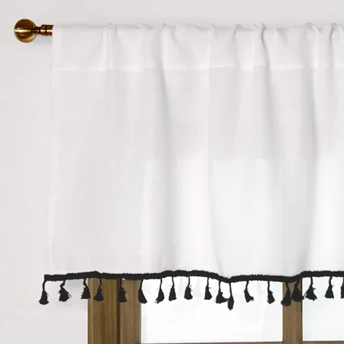 Vista 3 de Oindec Cenefas de cocina de lino sintético con borlas, color blanco, 54 x 15 pulgadas Borlas negras, granja moderna, rústico campestre