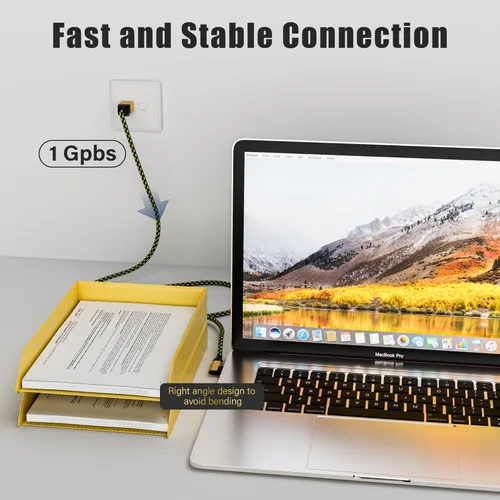 Vista 2 de Cable USB C a Ethernet de 1 pie, cable tipo C a RJ45 de 90 grados, cable de Internet de 1 Gbps, cable trenzado de nailon delgado, conectado