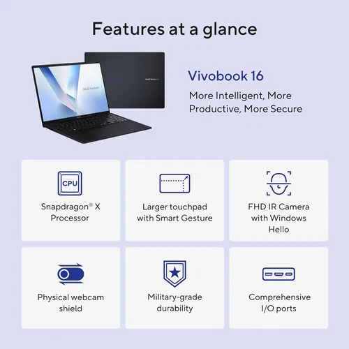 Vista 4 de ASUS Vivobook 16 Laptop, 16” WUXGA 60Hz Display, Qualcomm Snapdragon X, Qualcomm Adreno GPU, 16GB RAM, 512GB SSD, Windows 11, Quiet Blue Azul