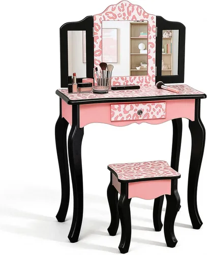 Vista 12 de Juego de tocador para niños Vasitelan, juego de mesa y silla para niñas, con espejo y taburete, mesa de maquillaje y cambiador princesa con cajón B