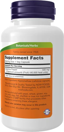 Vista 2 de NOW Foods Suplementos, Cayenne (Capsicum annuum) 500 mg, Apoyo a base de hierbas, 100 cápsulas vegetales