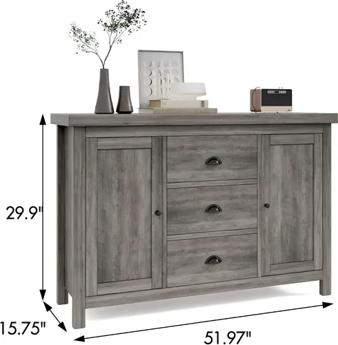 Vista 3 de Aparador de cocina con estructura de madera resistente, 3 cajones y 2 puertas con amplio espacio de almacenamiento en gris