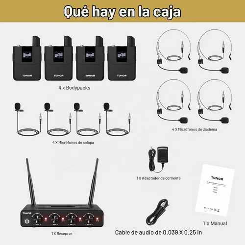 Vista 9 de TONOR Sistema de Micrófonos Inalámbricos con Auriculares UHF/Micrófonos de Solapa Lavalier, Transmisor Corporal, Receptor, 4 x 10 Canales, Alcance