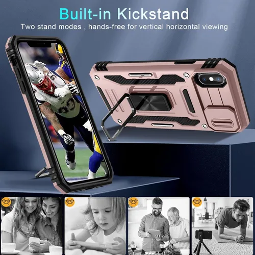 Vista 243 de DEERLAMN Funda para iPhone Xs Max con funda deslizante para cámara + protector de pantalla, soporte giratorio de anillo de grado militar a prueba