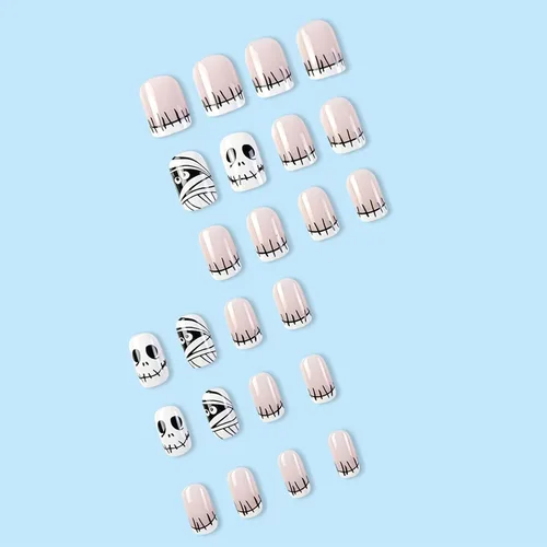 Vista 3 de Uñas postizas de punta francesa para Halloween, uñas postizas cortas cuadradas con diseños de parches de calavera, cobertura completa, uñas postizas