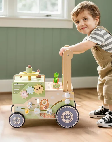 Vista 9 de ROBOTIME Juguete de madera para niños pequeños, andador de empuje para bebés con ruedas, centro de actividades con temática de granja para niñas