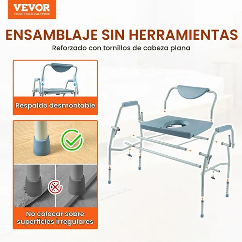 Vista 8 de VEVOR - Asiento elevado para inodoro, altura ajustable con 5 niveles, diseño de brazo abatido, respaldo desmontable, cubo fácil de limpiar de 7L