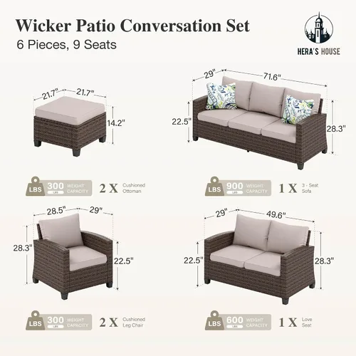 Vista 38 de HERA'S HOUSE - Juego de muebles para patio con mesa para fogata, muebles de mimbre para exteriores, sofá de conversación con asientos profundos