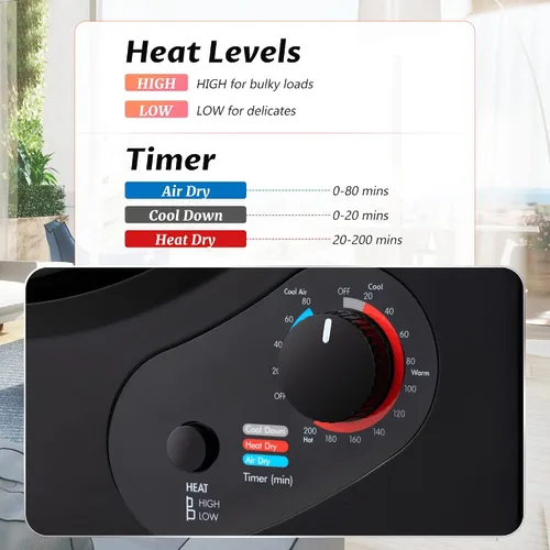 Vista 6 de Secadora de ropa portátil, 120 V/850 W, sensor de humedad inteligente, panel de control LCD, calefacción, secadora de ropa con tambor de acero
