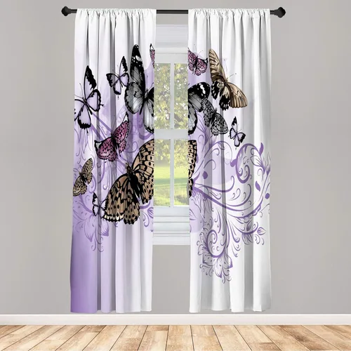 Vista 49 de Ambesonne - Cortinas amarillas para ventana, arte moderno escandinavo de escena de jardín con flores de tulipán y mariposas bailando, juego de 2