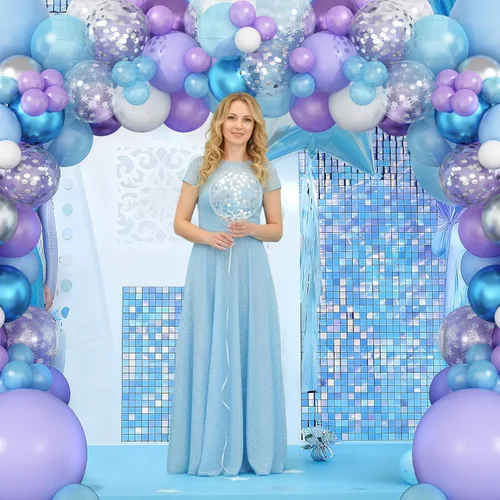 Vista 5 de Kit de arco de globos Dagelar azul morado, guirnalda de globos de cumpleaños de copo de nieve con globo de confeti plateado, globos de tema invernal