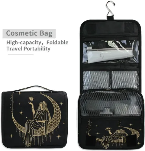 Vista 4 de Neceser colgante portátil cosmético maquillaje sacro noche niña en luna organizador de viaje para hombres y mujeres con gancho resistente, Patrón 1