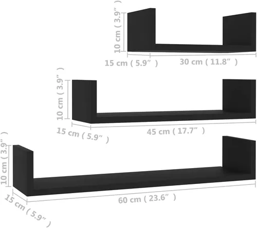 Vista 3 de 3-Piece Black Wall Display Shelf Set, Engineered Wood Large Wall-Mounted Shelves for Living Room, Bedroom, Kitchen, Office, Modern Matte Finish