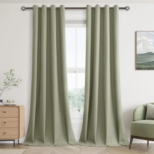 Vista 45 de Beige White Linen Blackout Curtains 90 Length 2 Panels Set for Living Room Bedroom, 100% Black Out Thermal Insulated Linen Drapes, Room Darkening