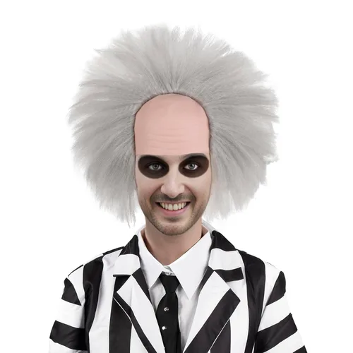 Vista 2 de MUPUL Betelgeuse Cosplay corto esponjoso ondulado payaso calvo peluca para fiesta de Halloween disfraz pelucas para adultos