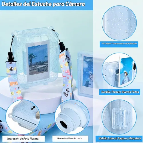 Vista 3 de Fuji Mini 12 - Funda rígida de policarbonato transparente para cámara instantánea Instax Mini 12 con calcomanías y soporte para almacenamiento