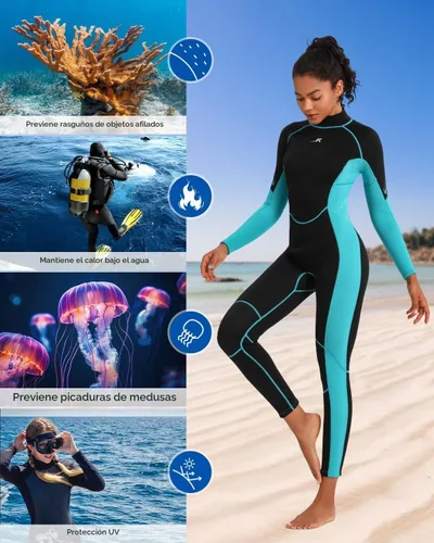 Vista 6 de Traje de neopreno para mujer, de 3 mm con cremallera trasera, traje completo para buceo y natación Neoprene Diving Suits Keep Warm in Cold Water