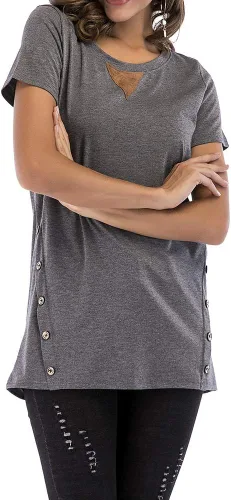 Vista 4 de YAKER - Blusa de manga corta para mujer, cuello redondo, suelta, holgada, para mujer