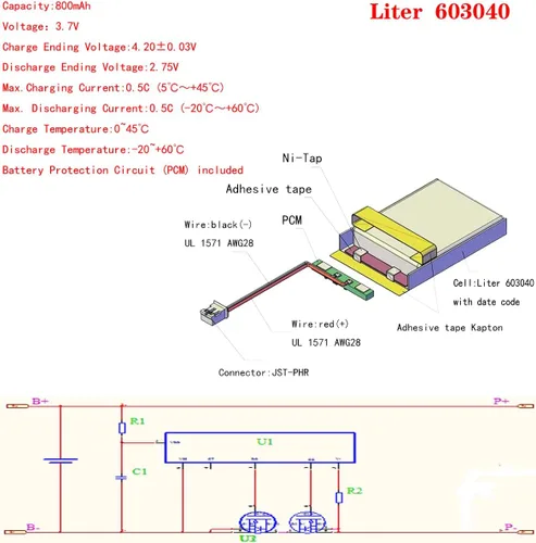 Vista 3 de Liter energy battery batería recargable 603040 del polímero de iones de litio de 3.7V 800mAh con el conector PH2.0