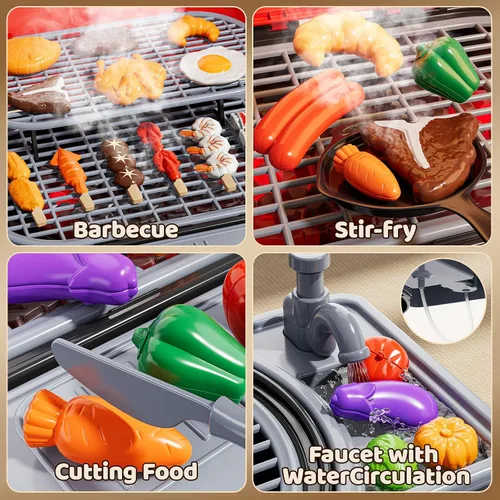 Vista 5 de NIPLOOOW Juego de juguetes de cocina para niños, parrilla de barbacoa para niños, juego de cocina con humo, sonido y luz, barbacoa de 2 capas