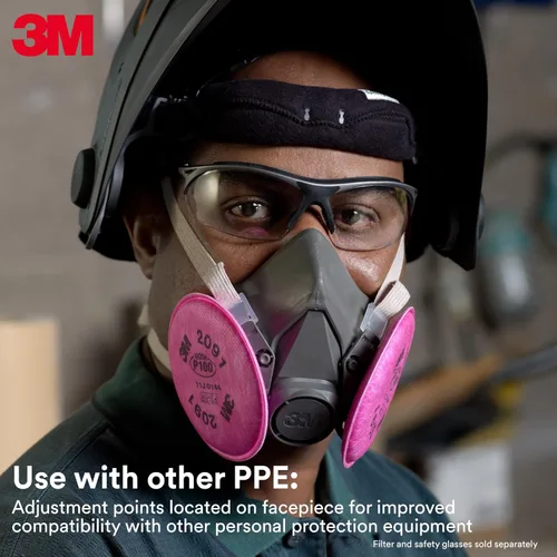 Vista 4 de 3M Respirador reutilizable de media cara 6200, NIOSH, arnés de cuatro puntos, ajuste cómodo, cartucho/filtro respirador mediano 60926, 1 par, ayuda