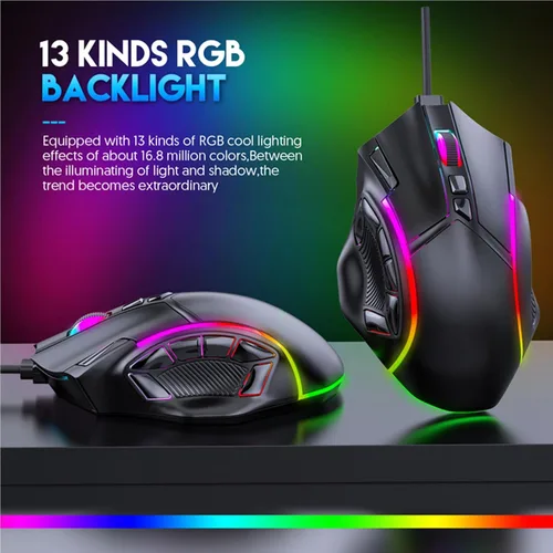 Vista 5 de EBTOOLS Ratón para juegos, 12 botones programables, luces RGB de 12800 DPI, diseño ergonómico, con cable de 5.9 ft, para computadora portátil y PC
