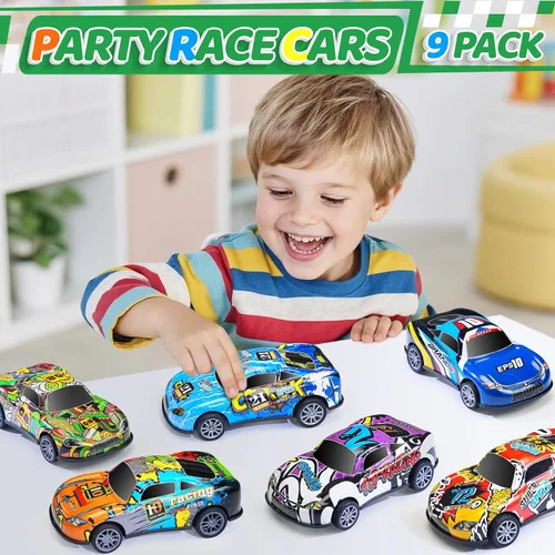 Vista 5 de Coches de carreras de metal de 4.2 pulgadas, paquete de 9 unidades, juguetes de auto para niños, niñas, niños de 2, 3, 4, 5, 6, 7 años, recuerdos