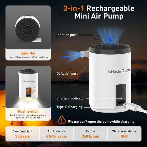 Vista 2 de Bomba de aire para inflables, mini bomba de aire con batería de 1600 mAh y luz de campamento recargable por USB para inflar rápidamente, desinflar