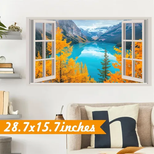 Vista 7 de Calcomanías de pared 3D de naturaleza falsa para ventanas, bosque de otoño, árbol, murales de pared, calcomanías para despegar y pegar, calcomanías