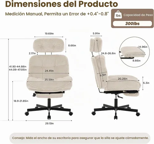 Vista 2 de FiveWillowise Silla de oficina con respaldo alto Criss Cross con reposapiés Blanco