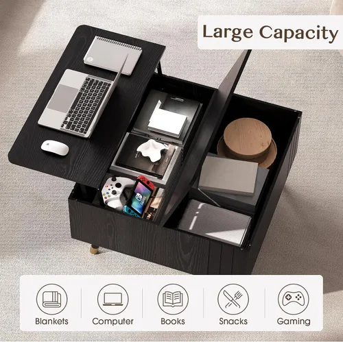Vista 3 de Mesa de centro elevable con almacenamiento, mesa central negra de 32 pulgadas para sala de estar, mesa de comedor cuadrada con patas de madera maciza
