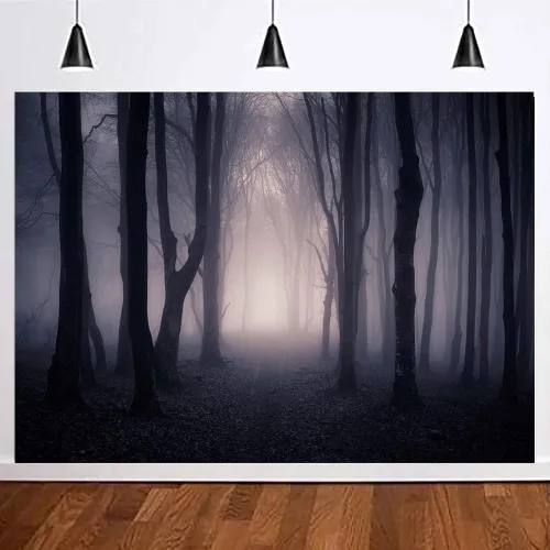 Vista 2 de Telón de fondo de bosque oscuro brumoso de 7 x 5 pies para decoración de fiesta de Halloween, noche de Halloween, fondo de fotografía de bruja