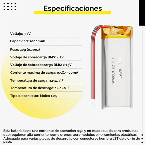 Vista 3 de 102050 3.7V 1000mAh LiPo Batería - Batería recargable de polímero de litio con placa de protección y conector Micro JST 1.25 para dispositivo